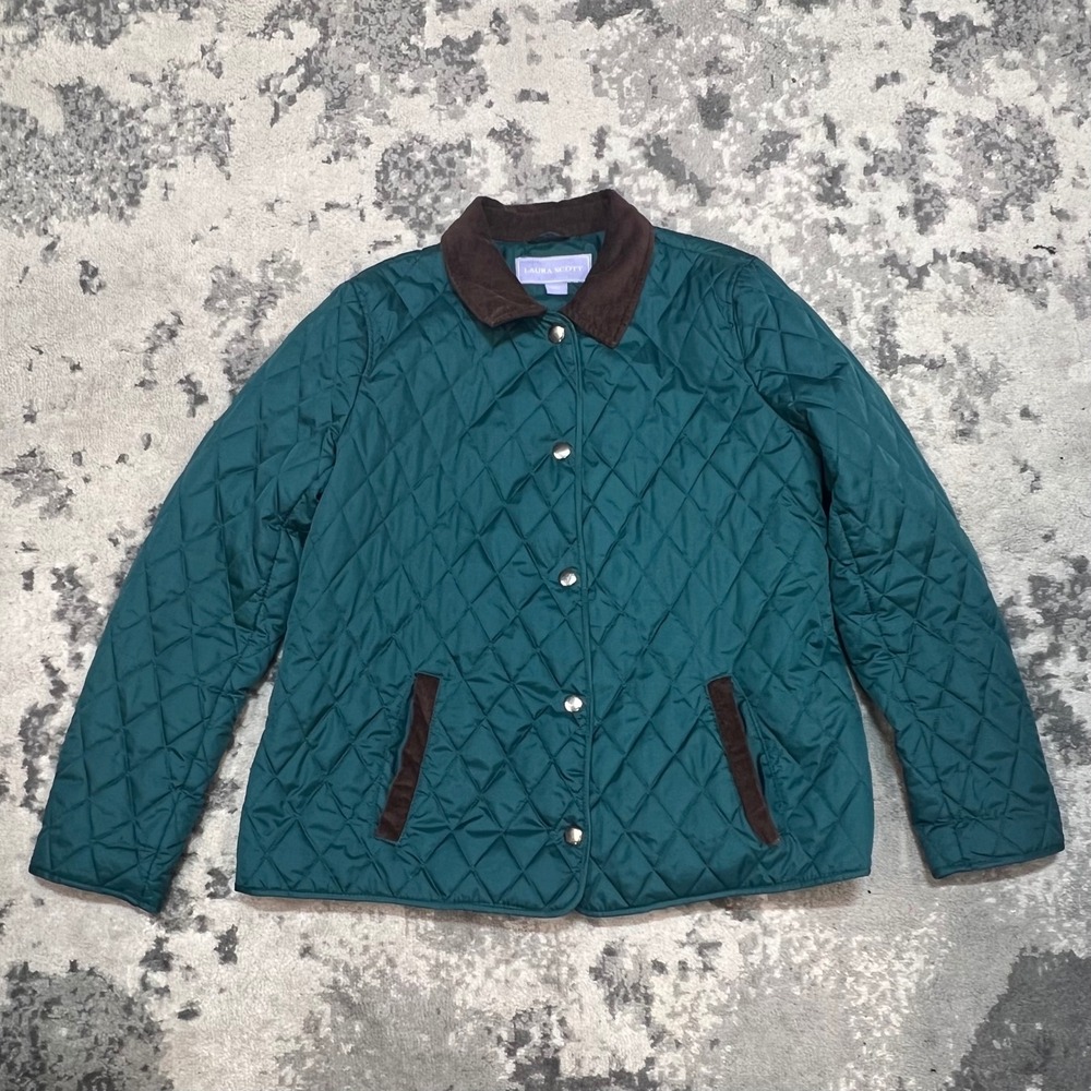 Laura Scott Womens Teal Quilted Barn Jacket Corduroy Trim Plaid Lined XL